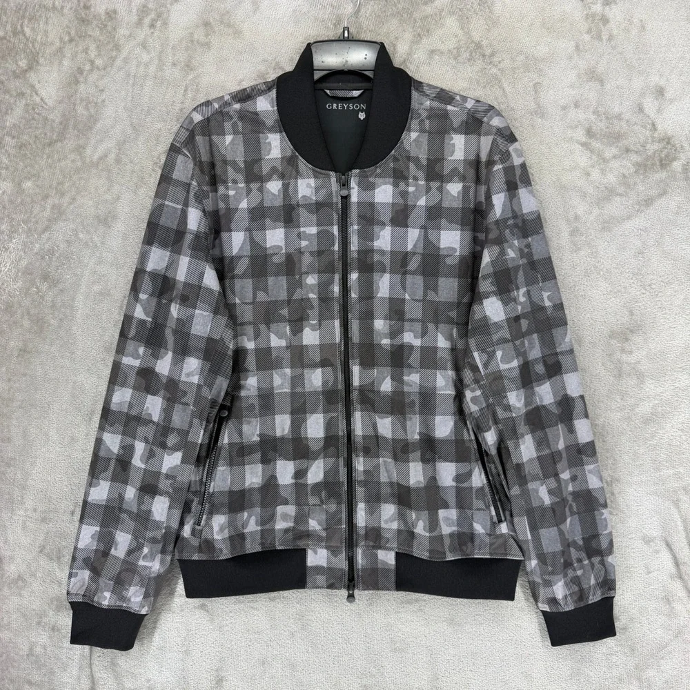 Greyson Jacket Mens M Gingham Camo Gray Full Zip Bomber Stretch EUC